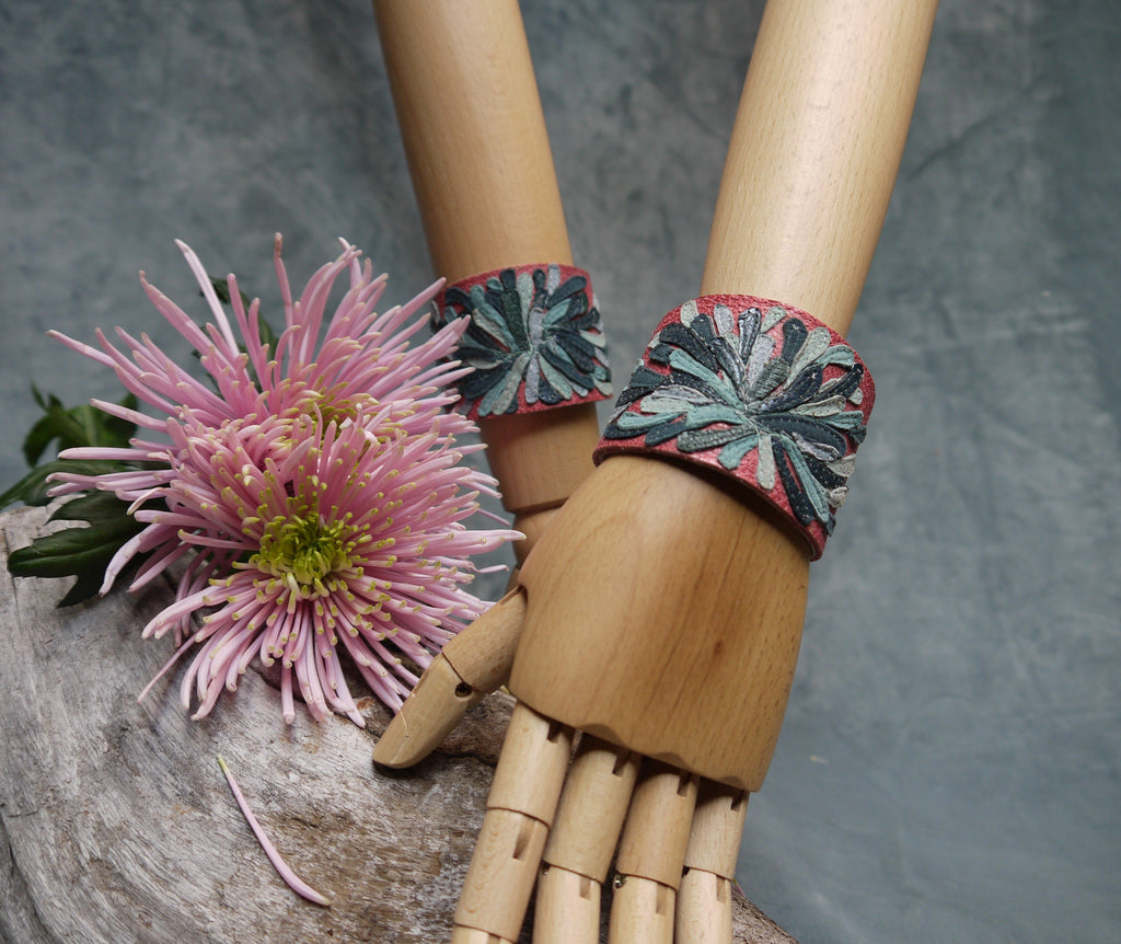 Chysanthemum Leather Cuff with hand-cut petals, unique, made in Italy by designer-makers
