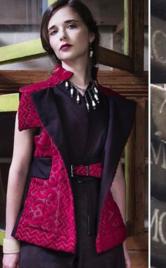 Beautiful Burgundy Double waistcost jacket, belteand produced in cotton Chenille and fine wool suiting