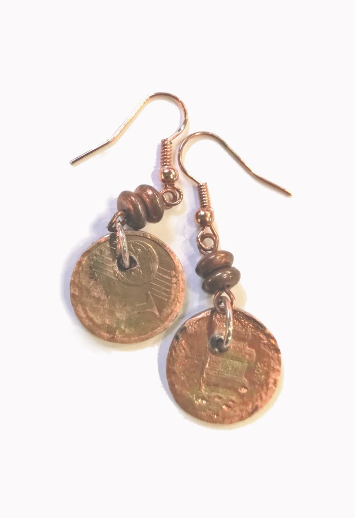 Heaven Cent Earrings. The earring are made fron European cent coins which have been hand hammered and oxidized to create a new patina