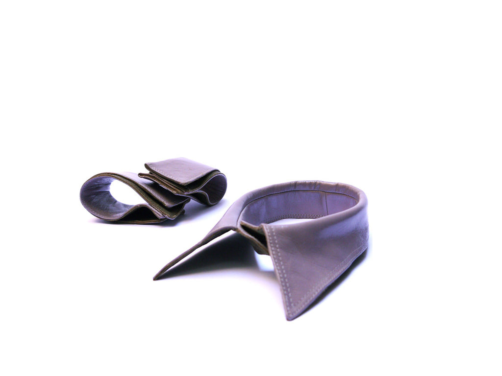 Lilac Italian Leather Shirt Collar and Lilac leather shirt cuffs shown on white background
