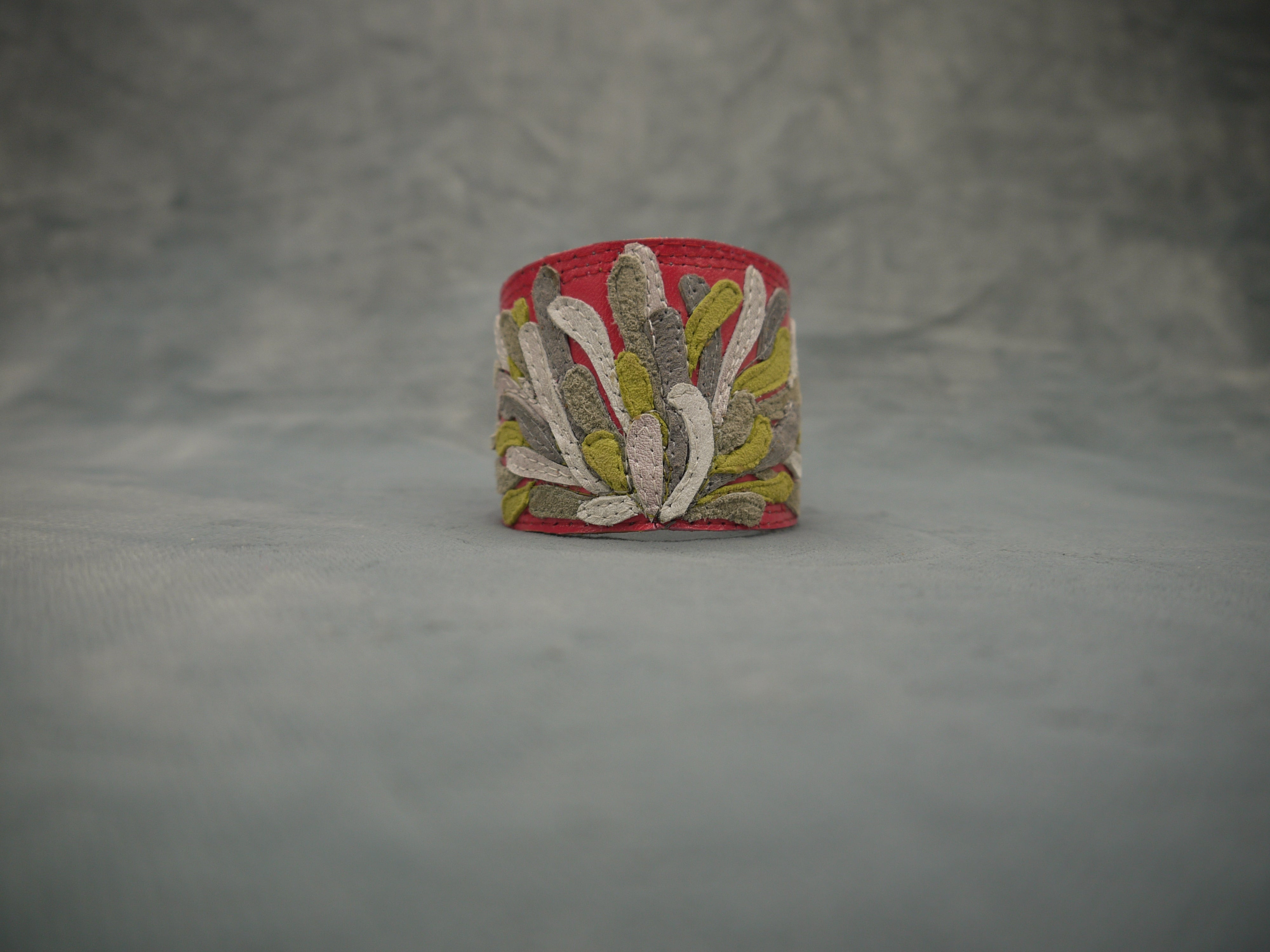 Chysanthemum Leather Cuff in hot pink with hand cut petals in pale grey, white, green petals , one-of-a- kind, unique, made in Italy by designer-makers