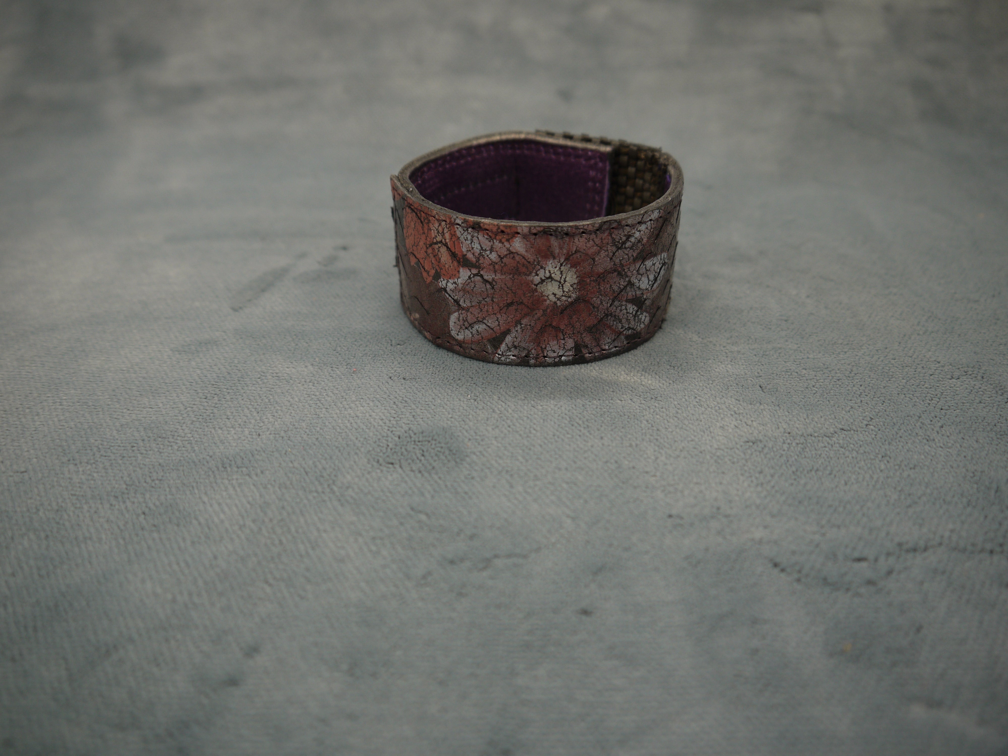 Slim Dark Brown Floral Leather Cuff with Purple contrast