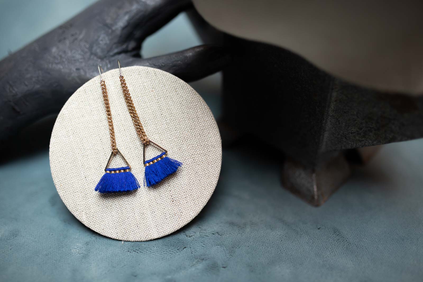 Midlength Chain Earring, looped with blue tassle pendant